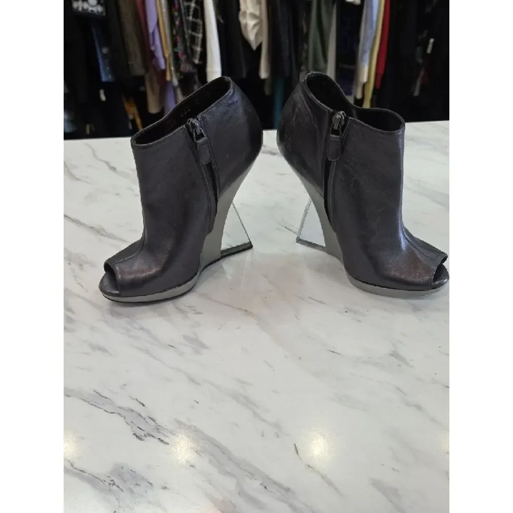 Salvatore Ferragamo Black Leather Peep-Toe Wedge Booties